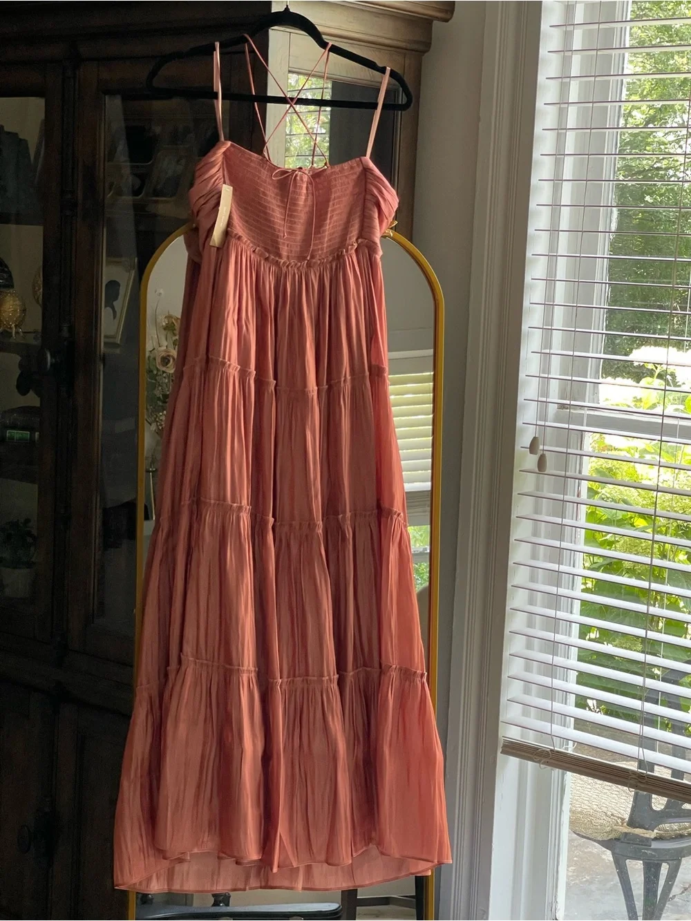 Few Moda o.p.t NWT East Copper Cowboy Metallic Tiered Spaghetti-Strap Midi Dress - Picture 10 of 10